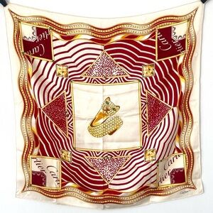 Cartier La Panthère Silk Red and Cream Patterned Scarf 34” x 34” Luxury Designer